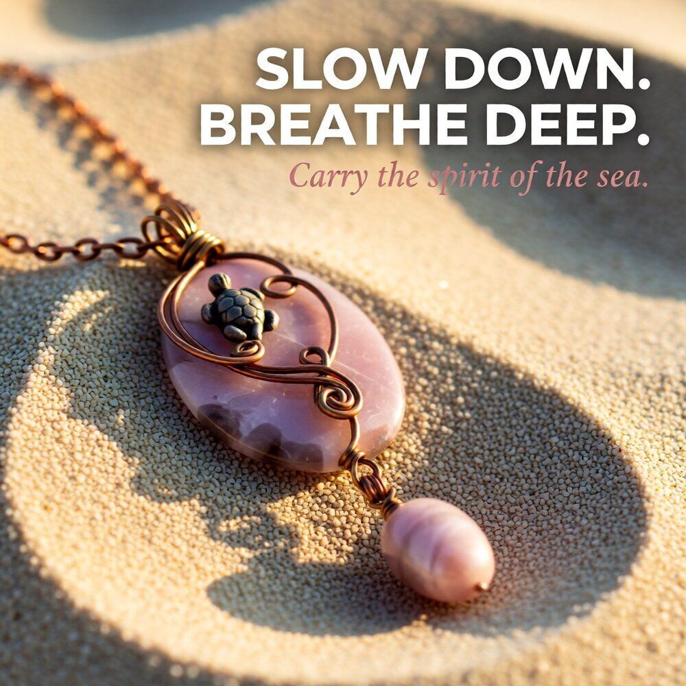 Uniquely Wire Wrapped Turtle + Rhodonite Stone Pendant for Ocean & Beach Lovers